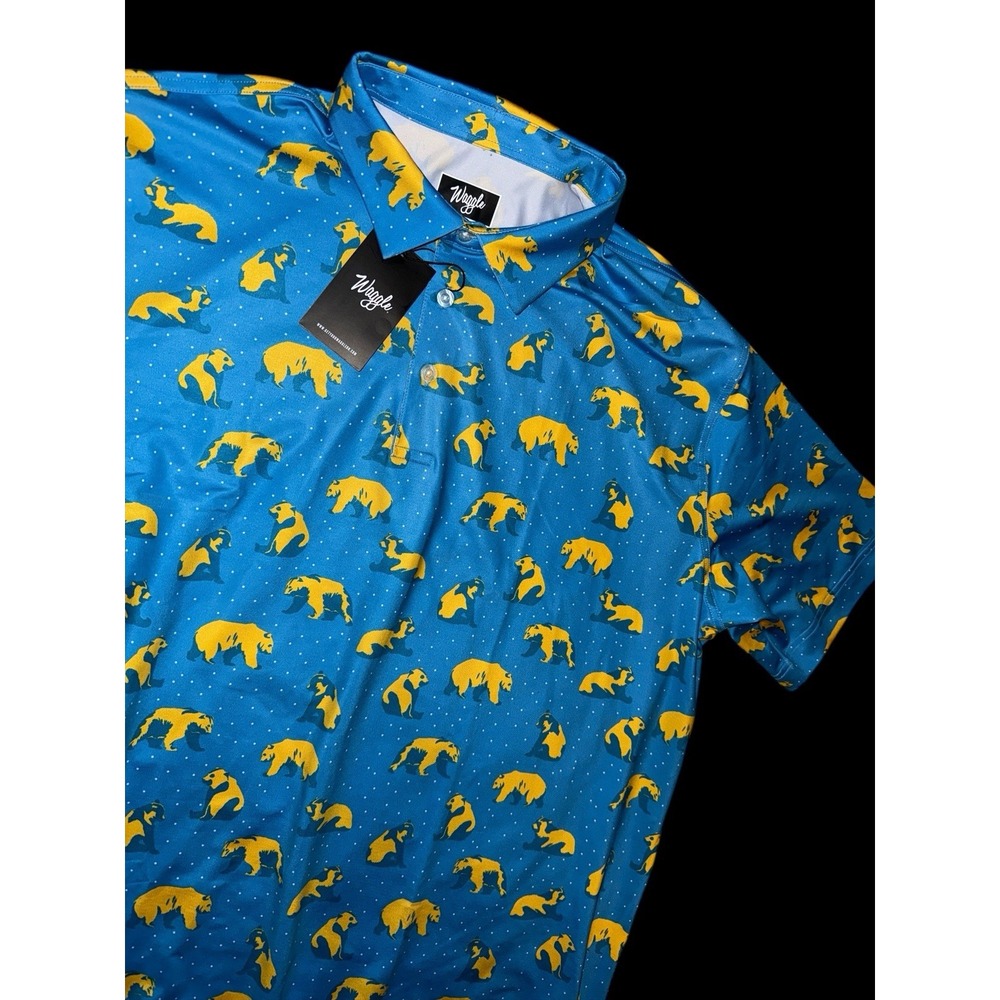 Waggle Polo Mens 2XL Blue You're Golden Bear Print Golf Performance Shirt NWT